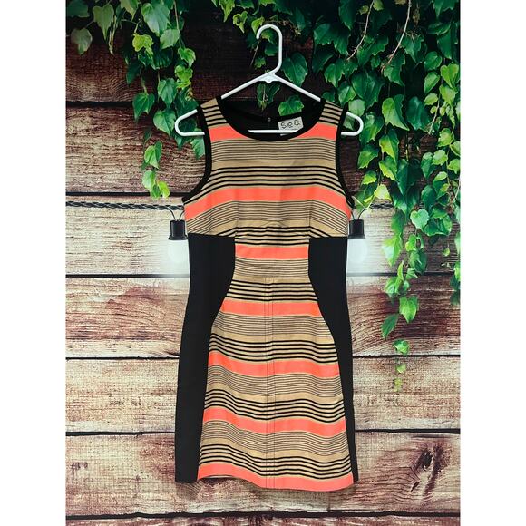 Sea New York Sleeveless Linen Cotton Blend Midi Sheath Dress Black Striped Sz 4 - Picture 1 of 4